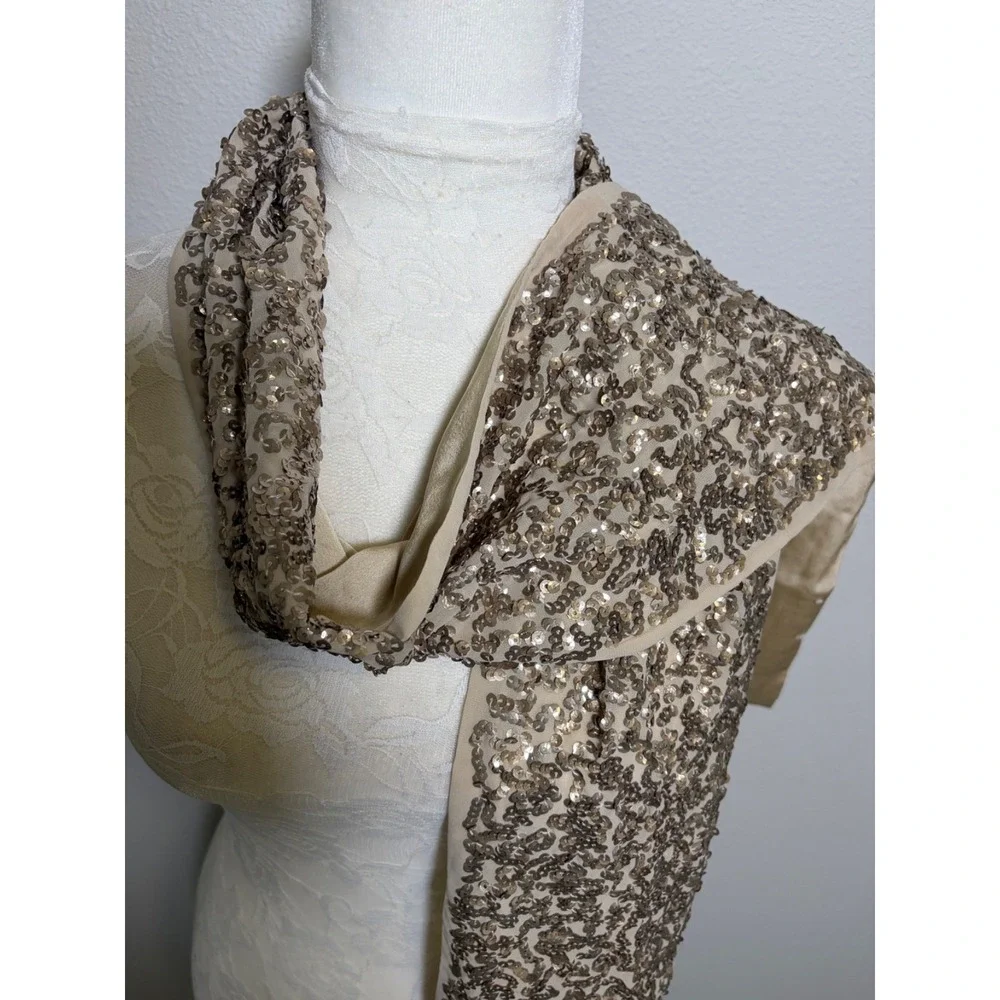 Vintage Beige Silk Champagne  Sequin Rectangle Scarf~70